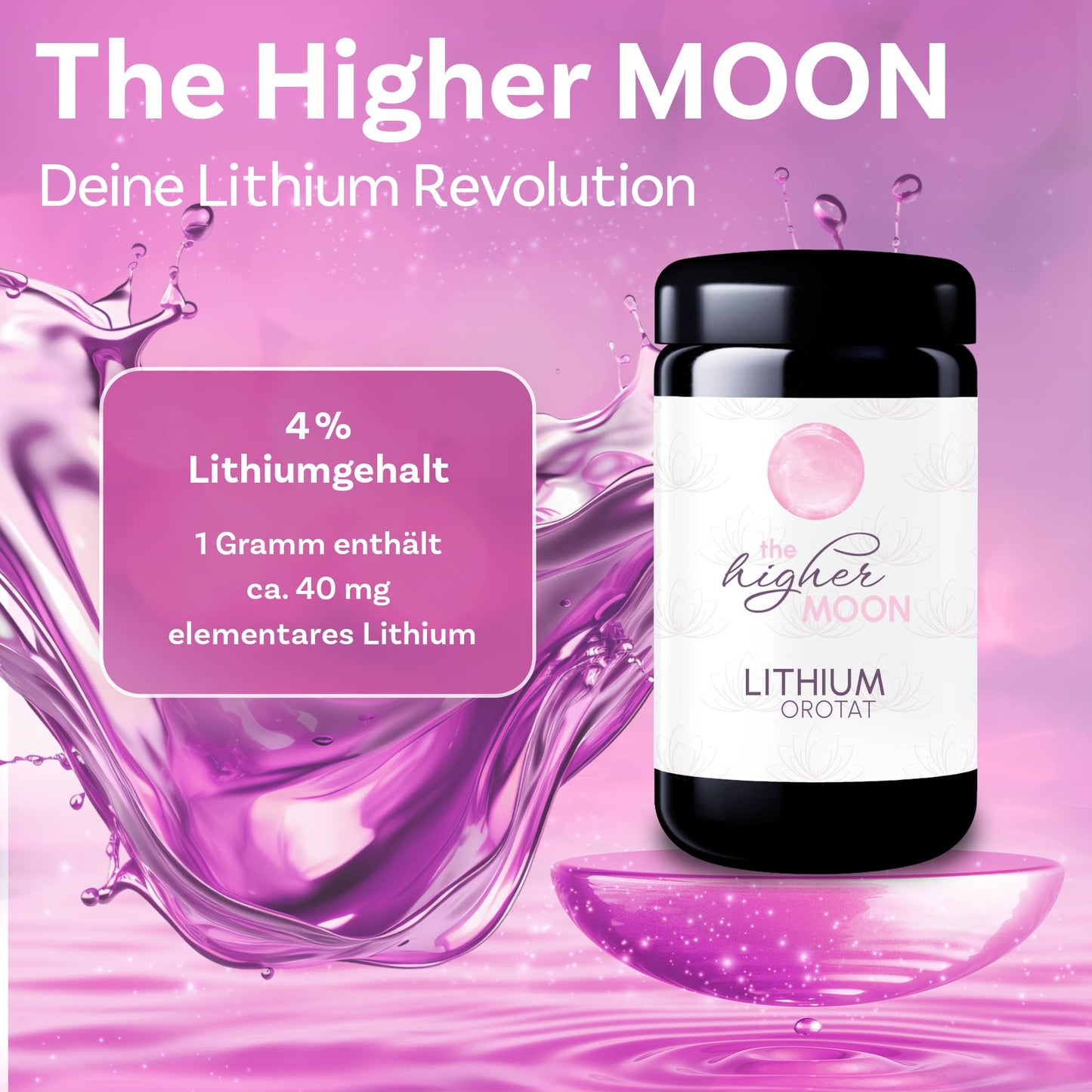 The higher MOON Lithium Powder 100g in violet glass | Li-Orotate for laboratory purposes | Highest purity 99.9% | 4% lithium content | Independently laboratory tested
