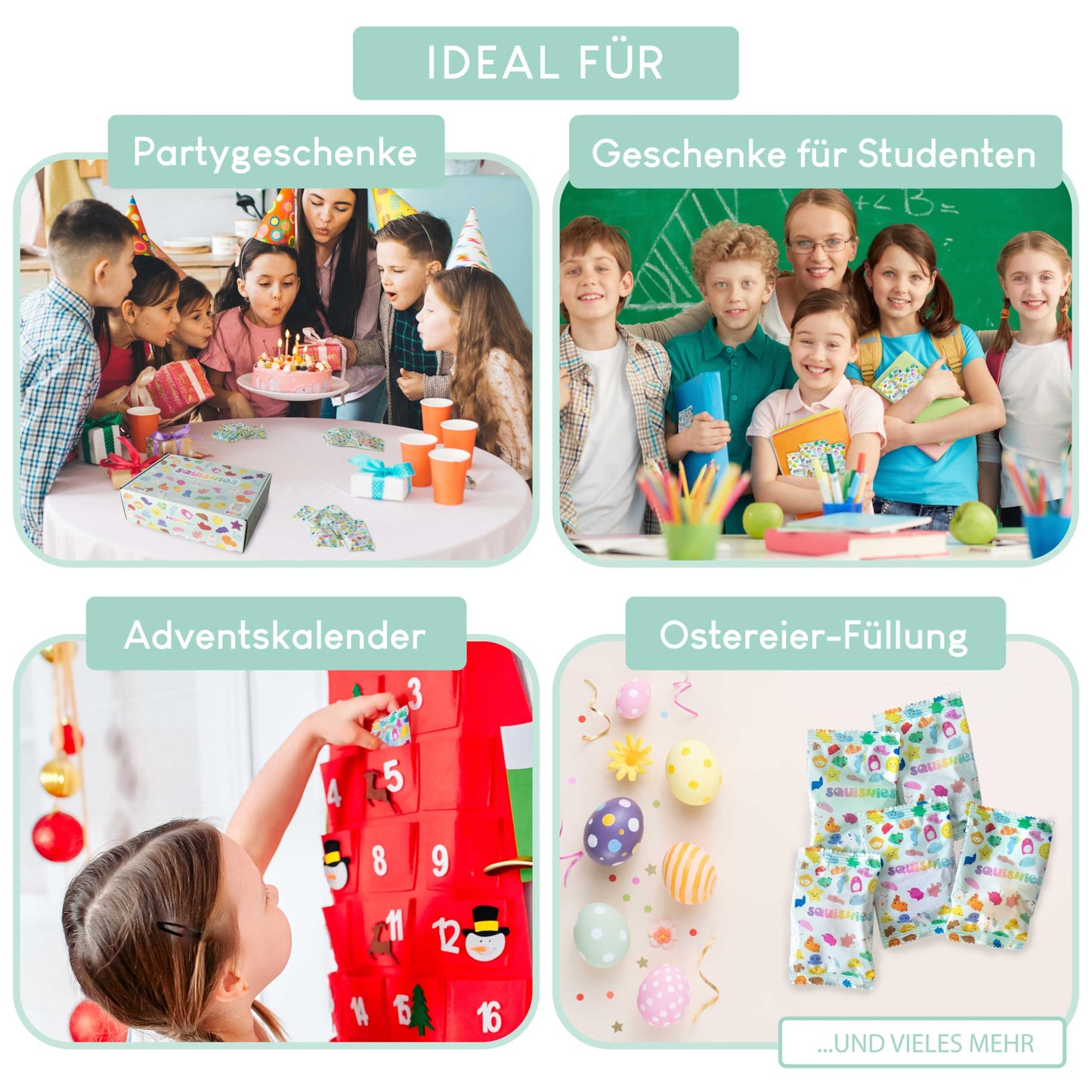 Mochi Squishy Set as party favors for kids' birthday parties: 160 pieces by BONNYCO. Perfect little gifts for children, ideal for party favors, pinata fillers, and back-to-school giveaways.