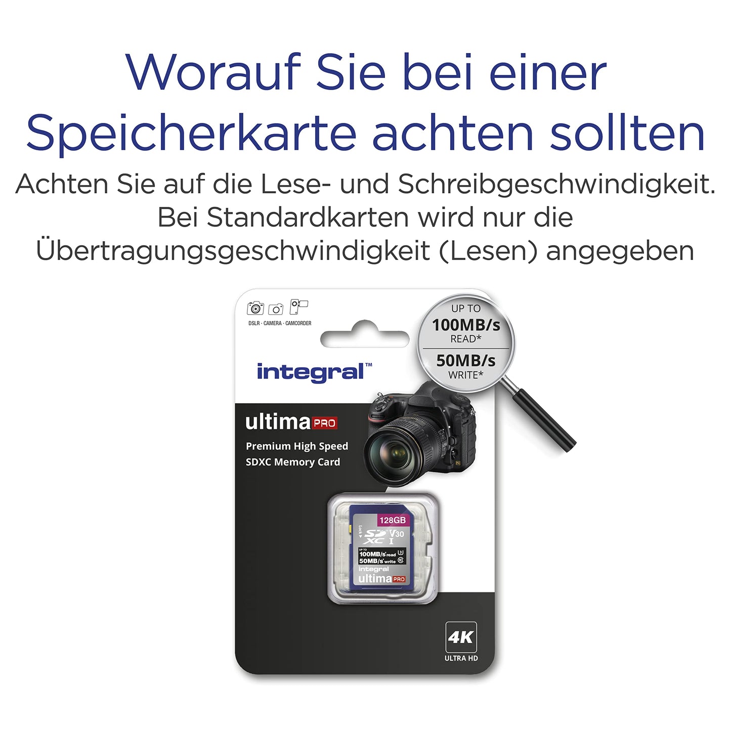 Integral 128GB SD card for 4K Ultra HD video. Premium high-speed memory card. SDXC with up to 100MB/s transfer speeds. SDXC V30 UHS-I U3 Class 10 SD memory card.