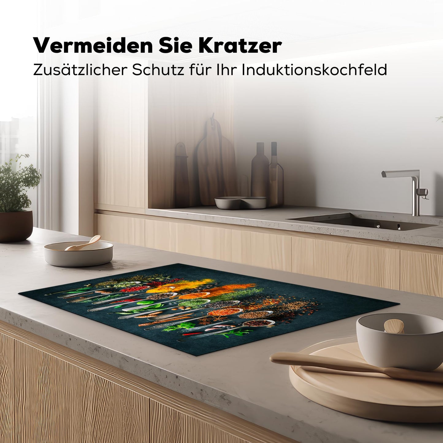 KitchenYeah© stove cover One-piece glass ceramic hob cover for induction protection ceramic hob cover vinyl stove covers herbs - spices - spoon - pepper - 78x52 cm