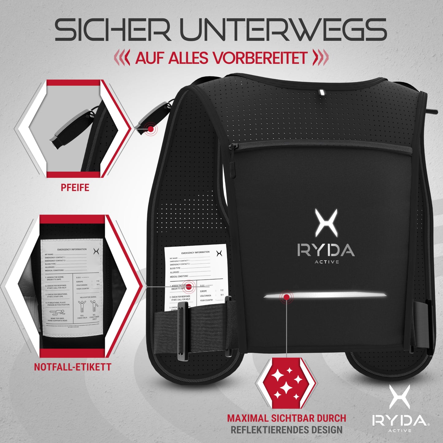 RYDA ACTIVE® running vest for women & men | Ultralight, reflective & universally adjustable | with water bottle & safety label | perfect for jogging, running, trail, marathon & hiking