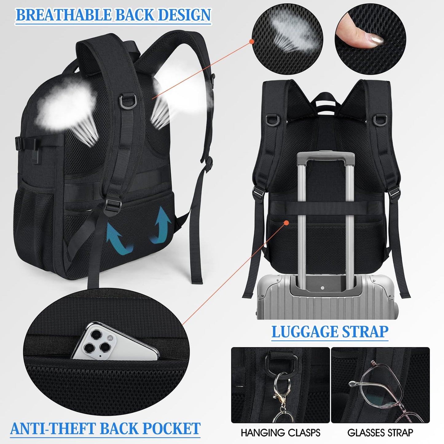 IGOLUMON backpack for men and women, large waterproof school backpack for teenagers, 15.6 inch laptop backpack for men, travel backpack for school, work, and business, carry-on luggage for planes.