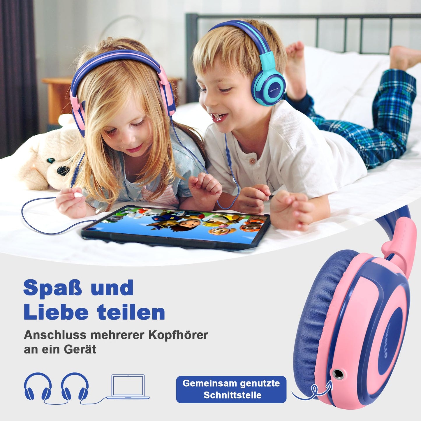 2 sets of headphones for children with portable cases, kid-safe headphones with limited volume, wired headphones for girls, boys, on-ear kids' headphones for school, travel mint + pink