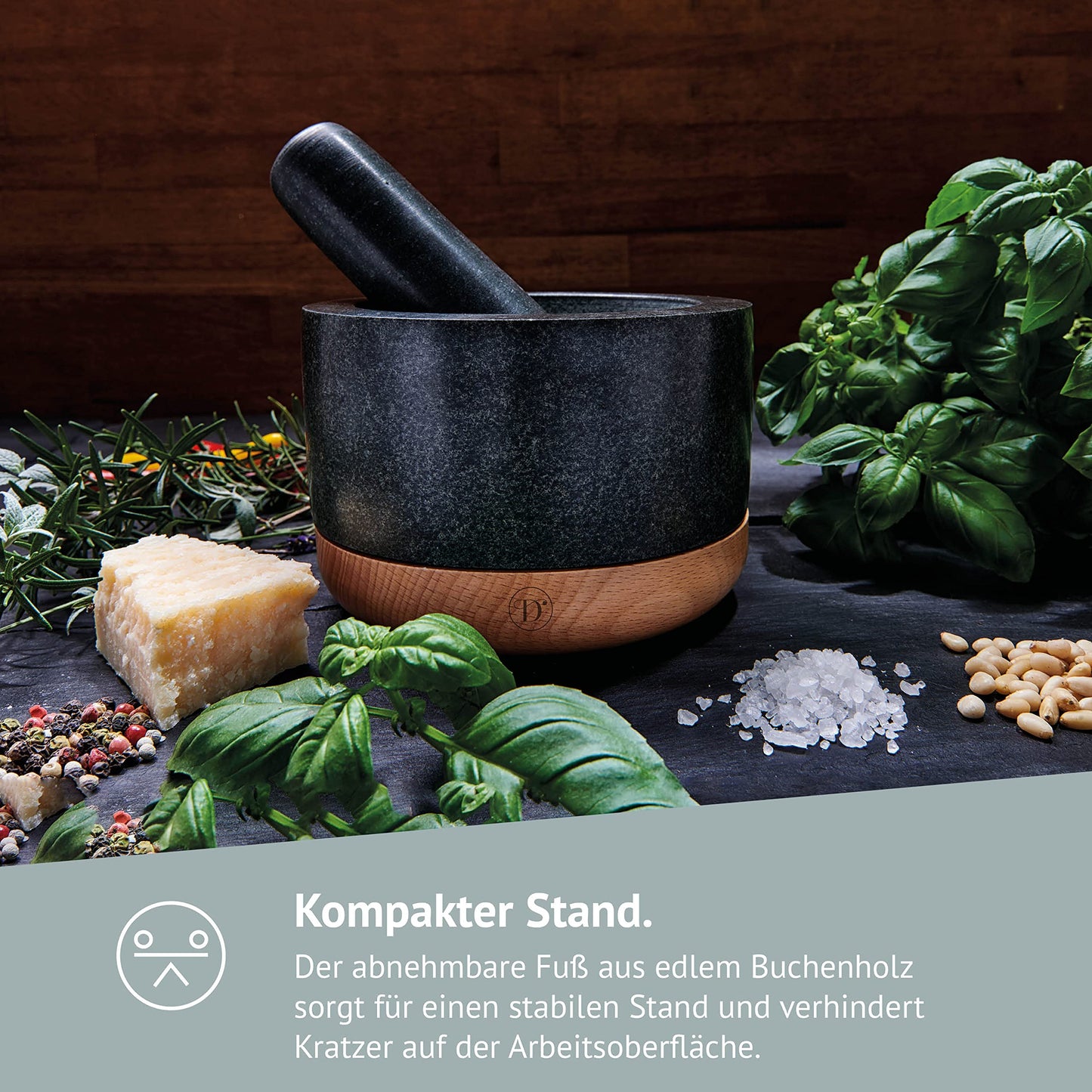 Diemker Premium Granite Mortar and Pestle Set, Γ 14 cm, removable wooden base, wooden spoon, and cleaning brush included. Perfect for grinding spices, nuts, making pesto, and as a grilling accessory.