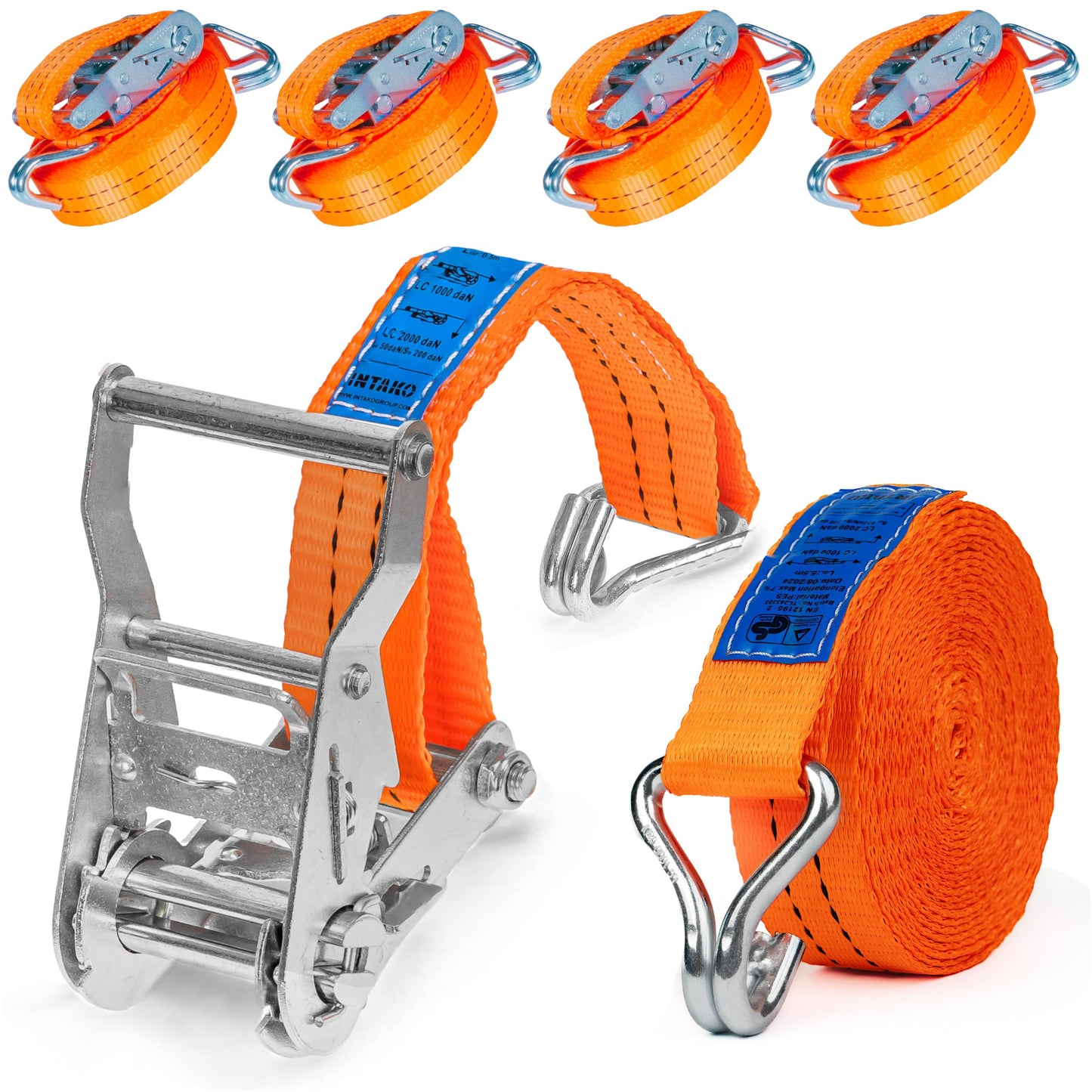 INTAKO tie-down straps with ratchet and hooks - 6m 2000kg 35mm - 4 pieces - ratchet set - ratchet strap 2-piece - lashing strap orange - TÜV GS tested and according to DIN EN 12195-2