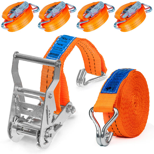INTAKO tie-down straps with ratchet and hooks - 6m 2000kg 35mm - 4 pieces - ratchet set - ratchet strap 2-piece - lashing strap orange - TÜV GS tested and according to DIN EN 12195-2