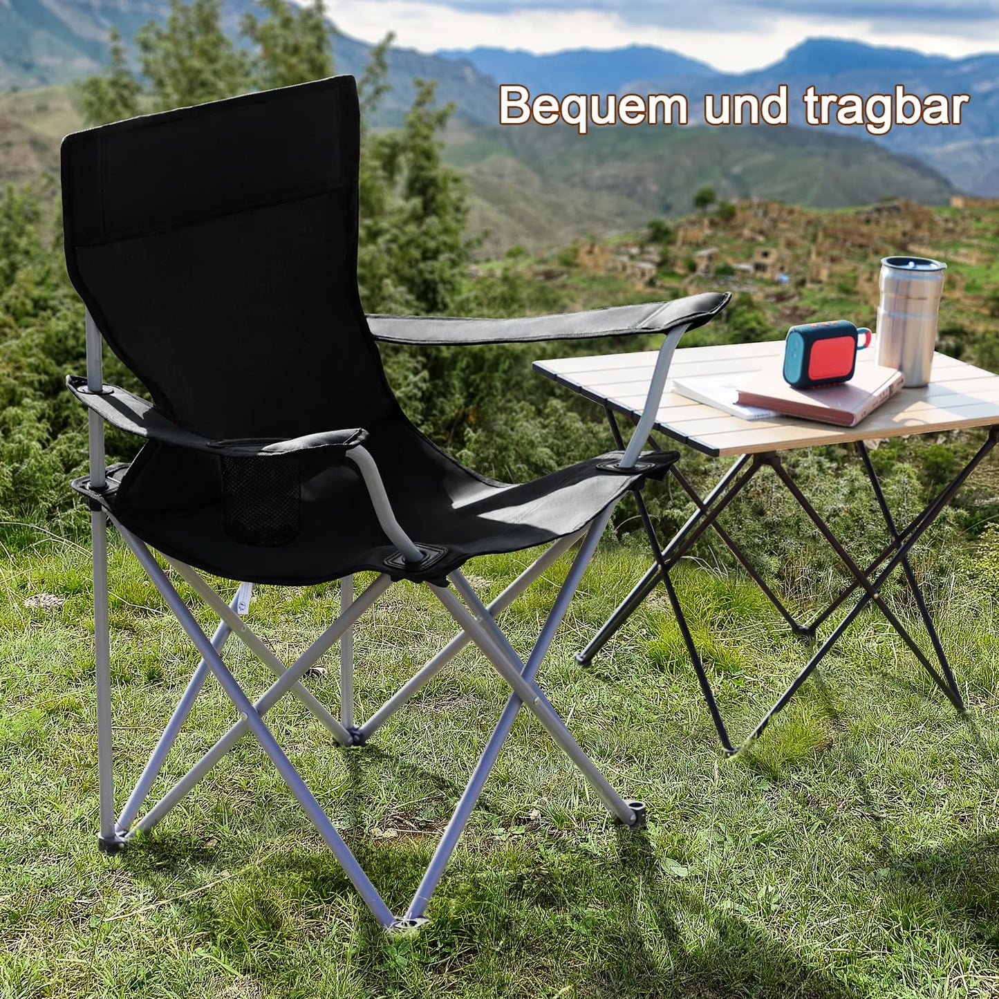 AMHANCIBLE Folding Camping Chair 2 Pack, Foldable Fishing Chair with Drink Holder, Portable Camping Chair with Armrests and Carry Bag, Lightweight Camping Chairs Set of 2, Up to 120kg Capacity, Black OCC01BK