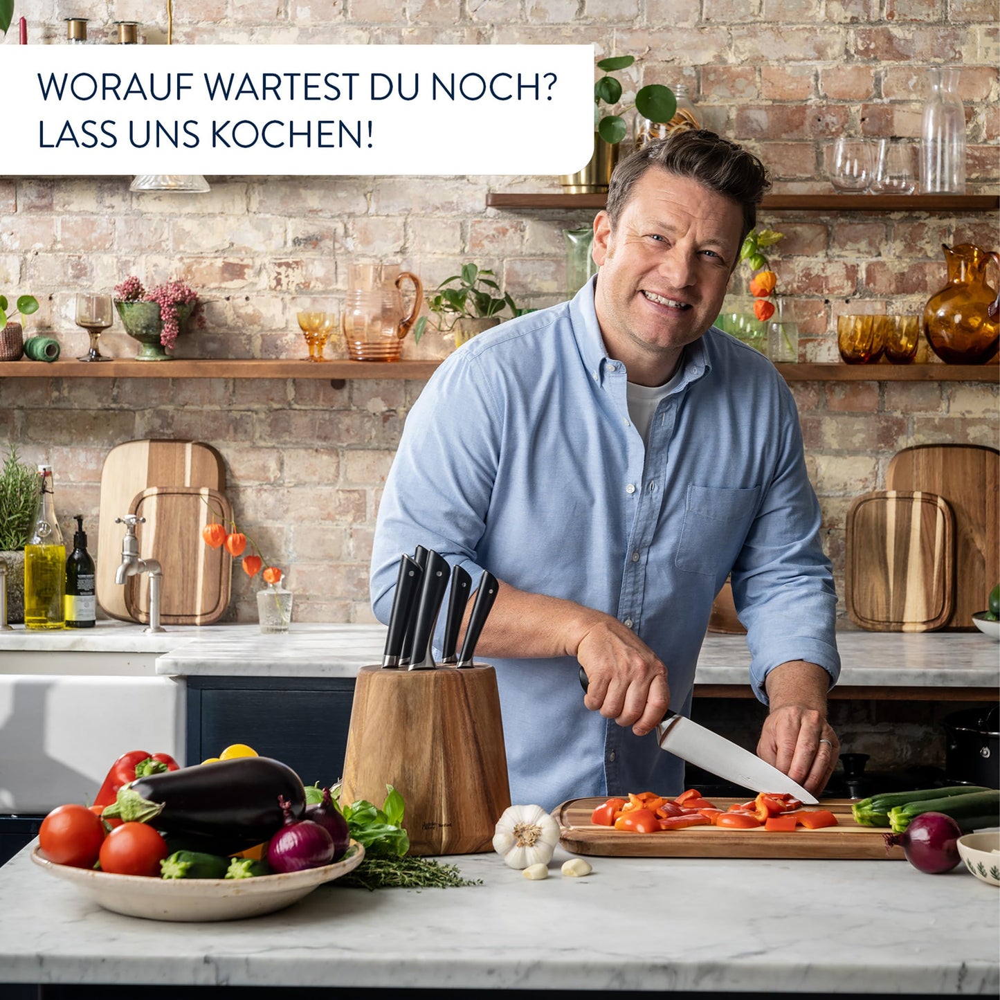 Jamie Oliver by Tefal 5-piece kitchen knife set + block, chef/santoku/bread/utility/paring knives, ice-hardened, German stainless steel blades, acacia wood block, Brown, K267S556