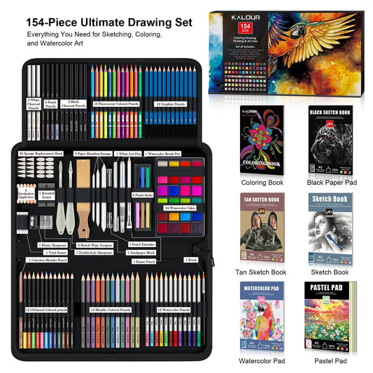 KALOUR 154-piece art supplies set - sketching and drawing set with sketchbook, tutorial book, drawing paper - graphite, colored, charcoal, watercolor, and metallic pencils - drawing tools for artists and.