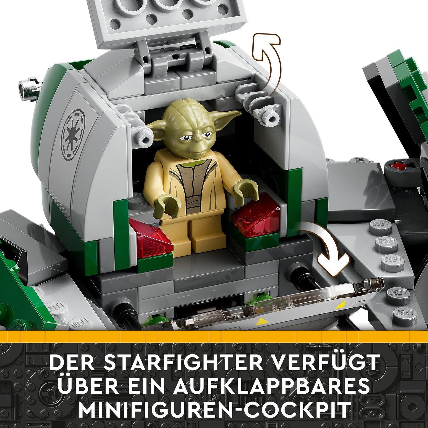 LEGO 75360 Star Wars Yoda's Jedi Starfighter building toy, Clone Wars vehicle set with Master Yoda minifigure, lightsaber, and R2-D2 droid figure.