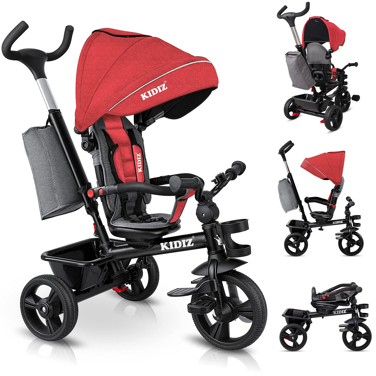 KIDIZ® 6in1 tricycle for kids with push handle, steerable from 9 months up to 25kg. Jogger with forward & reverse ride, basket, bag, drink holder, sunshade, rubber tires, foldable red.