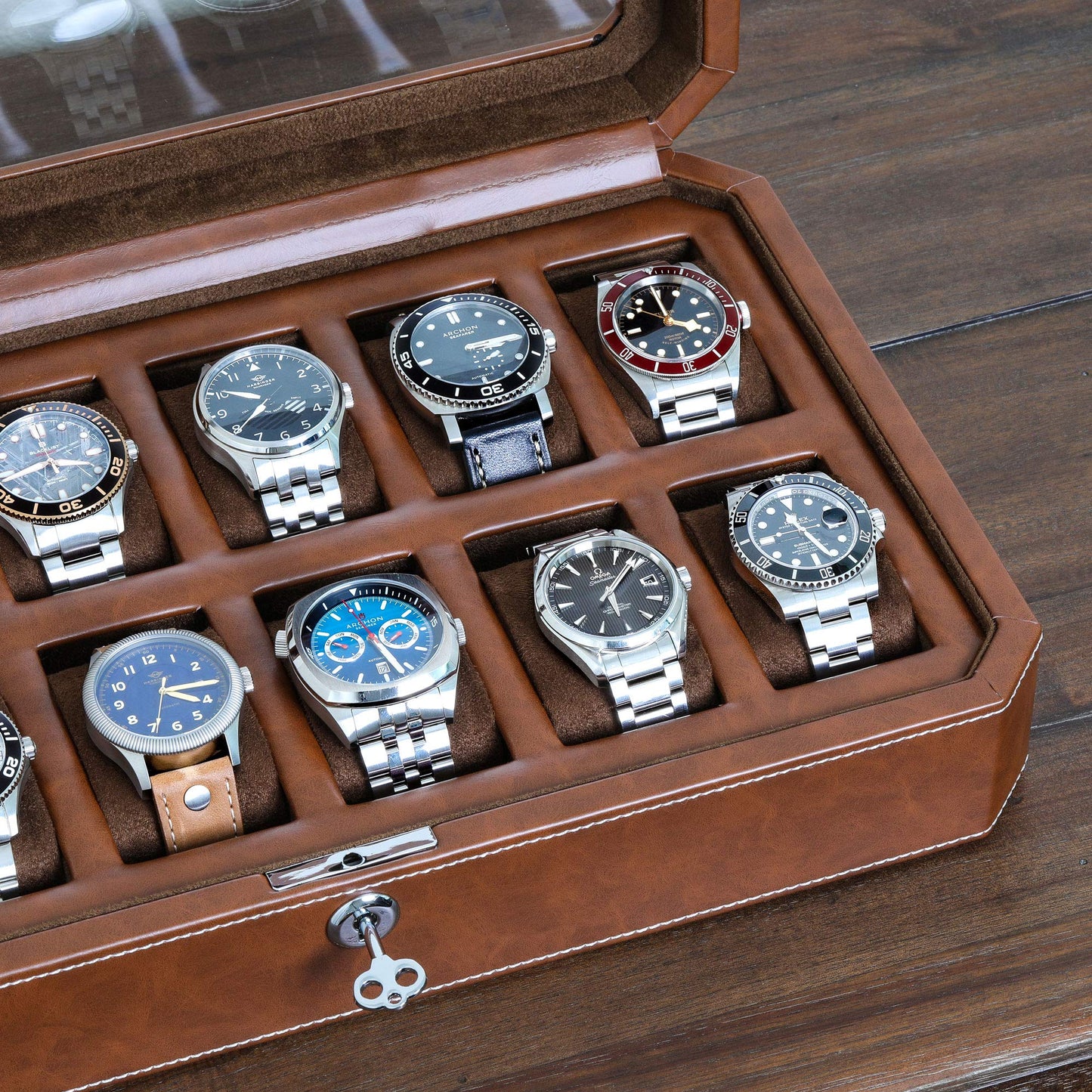ROTHWELL 12 Slot Leather Watch Box for Men - Luxury Watch Case Display Organizer, Men's Storage Boxes Holder with Large Glass Lid (Black/Gray)