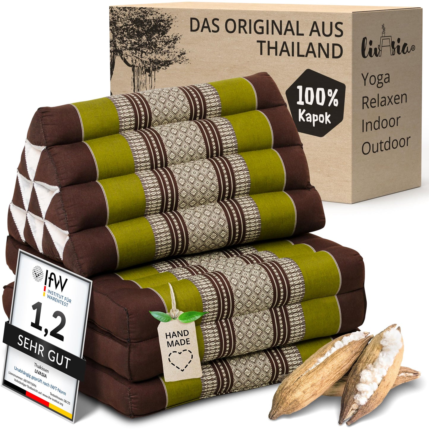 livasia Thai pillow with 3 cushions - 175x50x8cm - triangle pillow with folding mattress, wedge pillow kapok, foldable back pillow, Thai mat for folding, handcrafted, meditation pillow (brown/green)