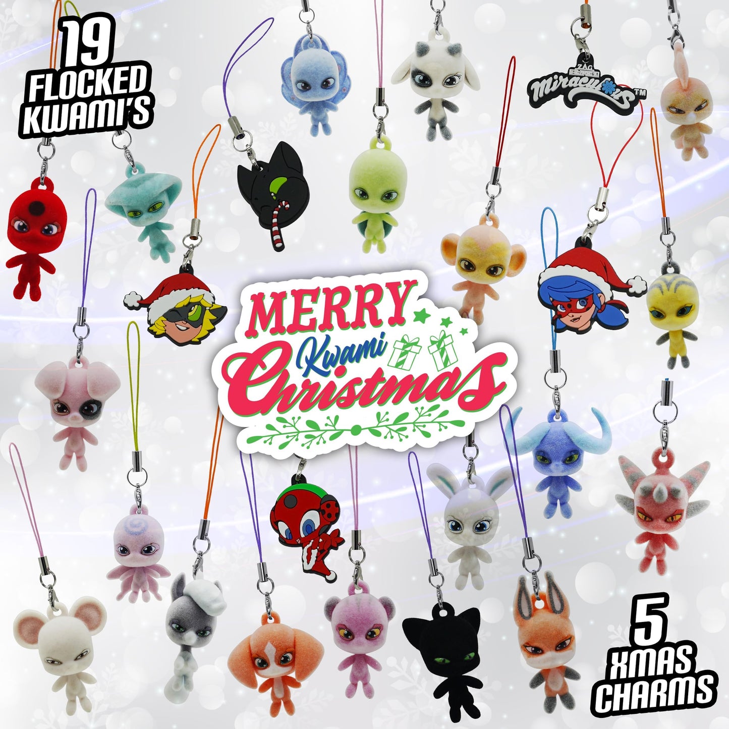 Miraculous Ladybug - Ultimate Kwami Advent Calendar with mini flocked Kwamis and EVA charms, seasonal charms, a collectible for kids for Christmas with hooks and strings (Wyncor), blue.