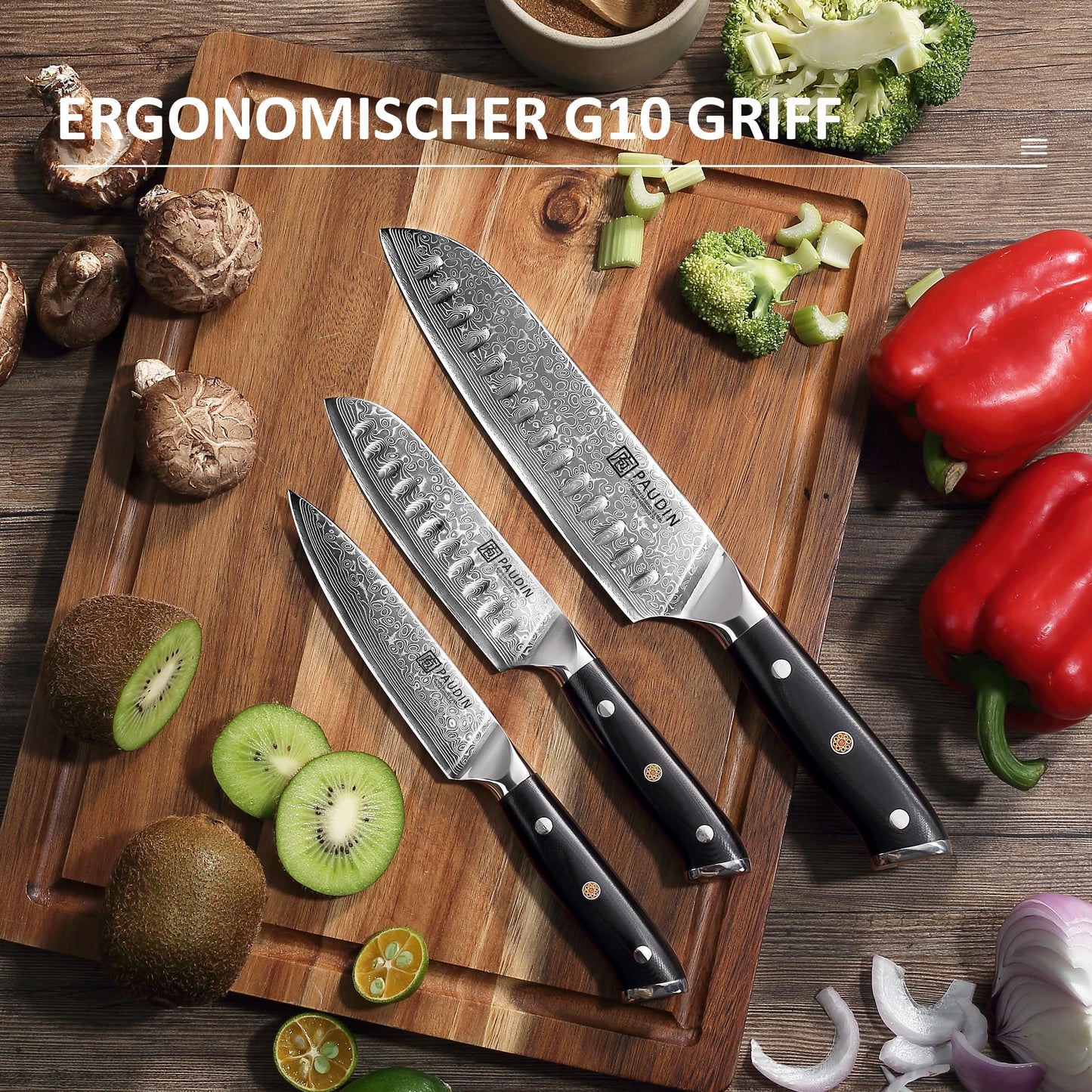 PAUDIN Damascus knife set, 3-piece knife set with ultra sharp Santoku knife kitchen knife made of 67 layers of Damascus steel with a Japanese VG10 steel core, ergonomic G10 handle.