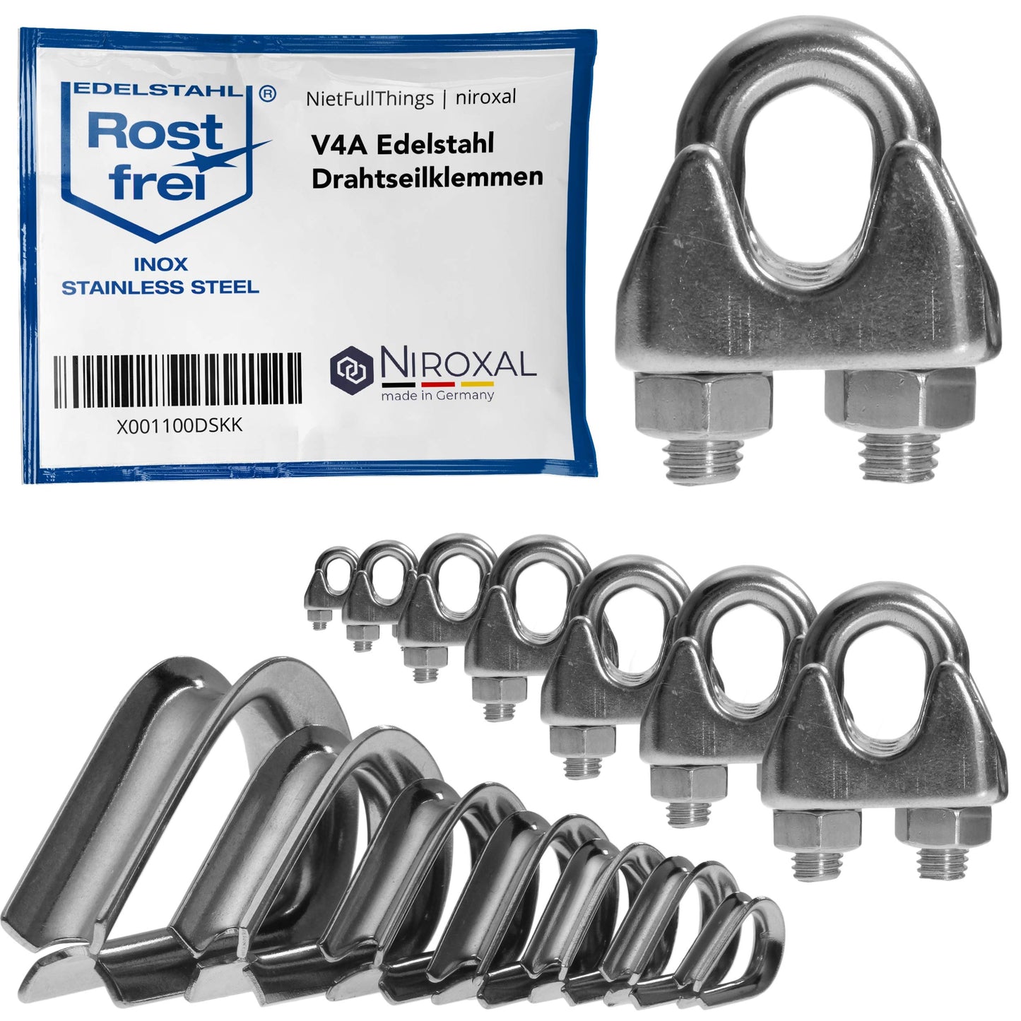 20 pieces stainless steel wire rope clip 6mm stainless steel A4 thimble wire clip suitable for Ø 6 mm wire | in a set with matching thimble | made of V4A stainless steel for galvanized steel cable wire rope.