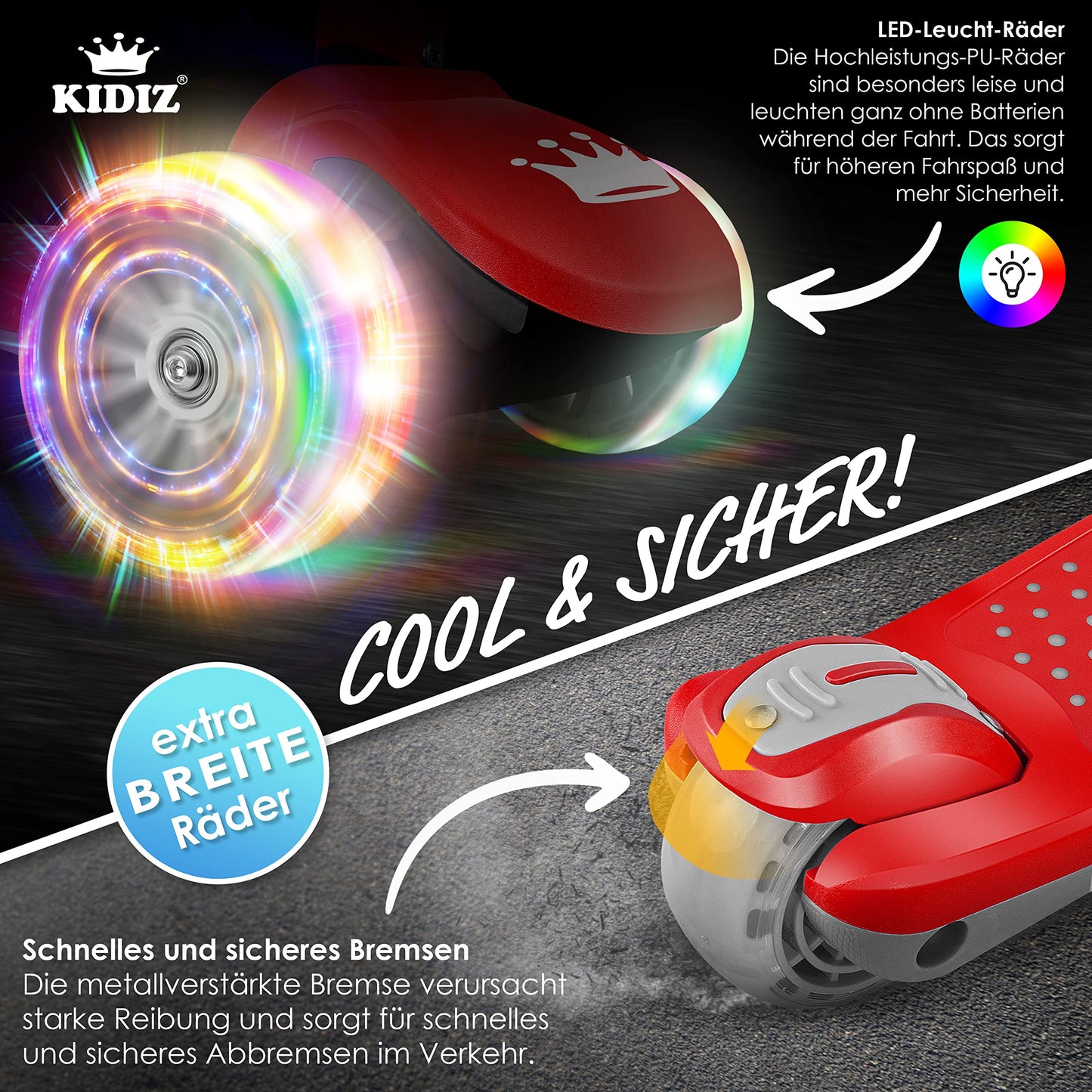 KIDIZ® Roller Children Scooter X-Pro2 Trike Scooter with PU LED Light-Up Wheels Kids Scooter foldable Kick Scooter adjustable City Scooter Children's Scooter for Boys Girls 3-12 Years, Red