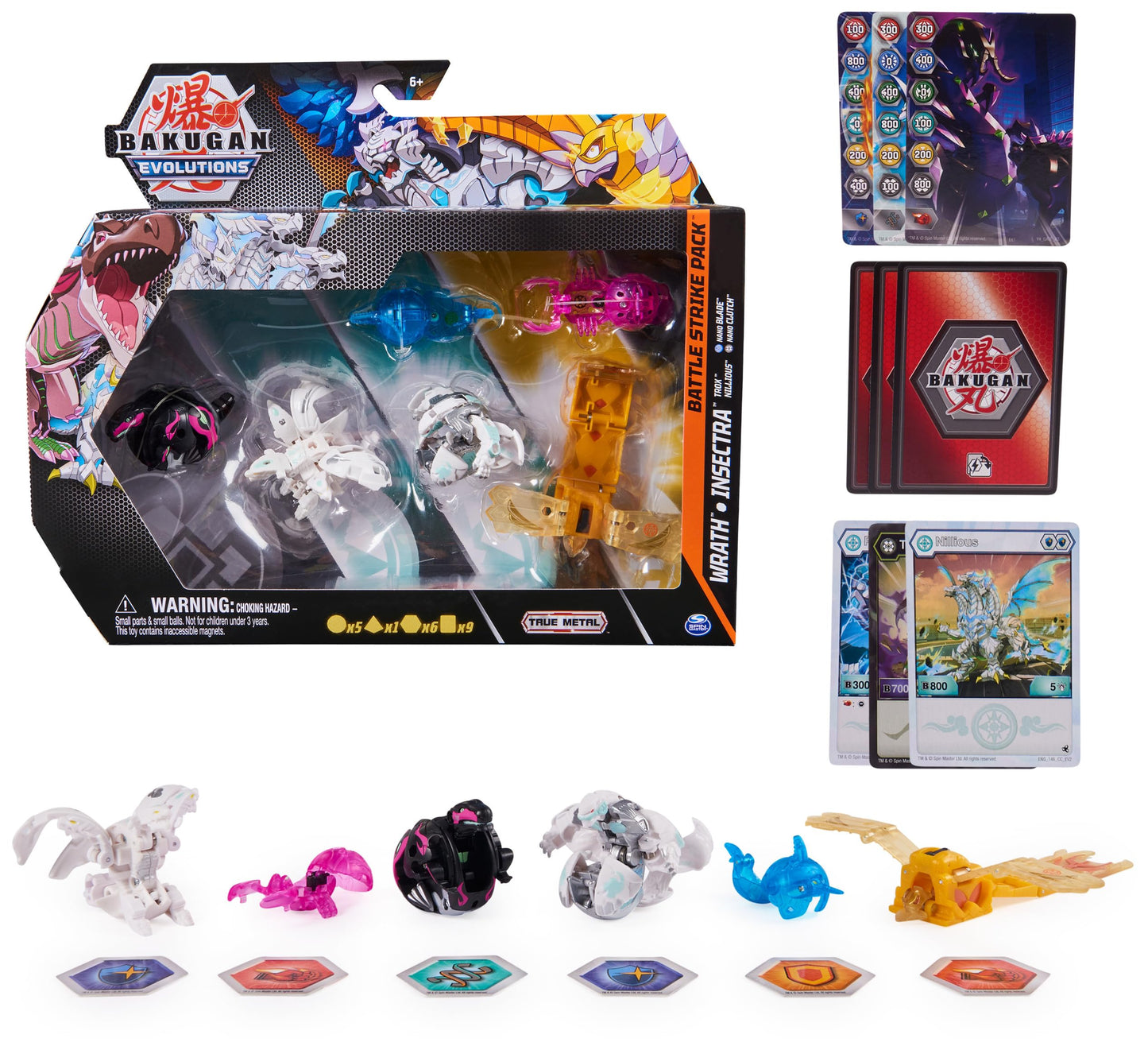 Bakugan 'Evolutions' Battle Strike 6-pack with 1 Platinum Ball (Haos Wrath), 2 Basic Balls (Darkus Trox, Haos Nillious), 1 Geogan (Aurelus Insectra), 2 Nanogan (Aquos Blade, Darkus Clutch)