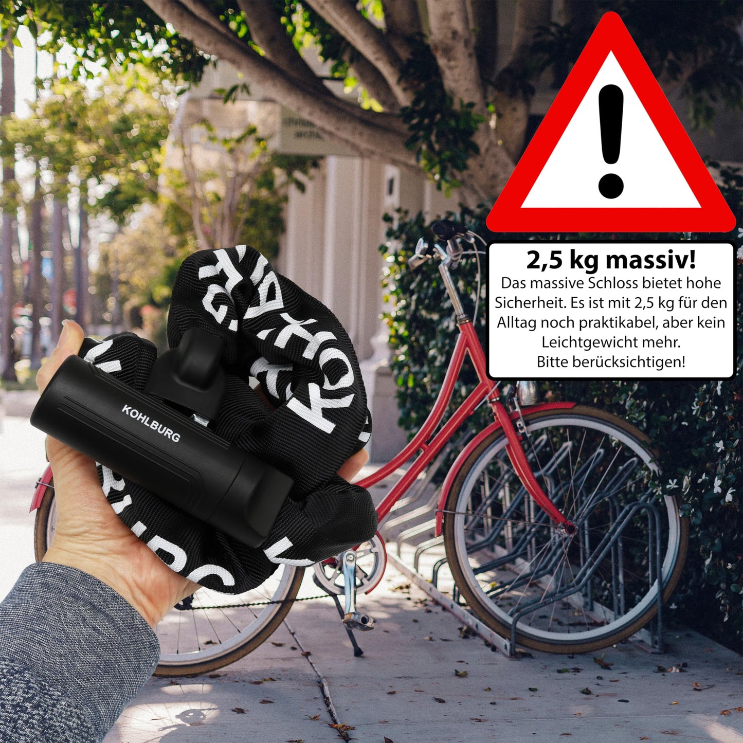 KOHLBURG Security Chain Lock - Lock 125cm long with 8.3mm thick 4-sided chain made of hardened special steel - secure bike lock with 4 keys for e-bikes, bicycles & motorcycles.