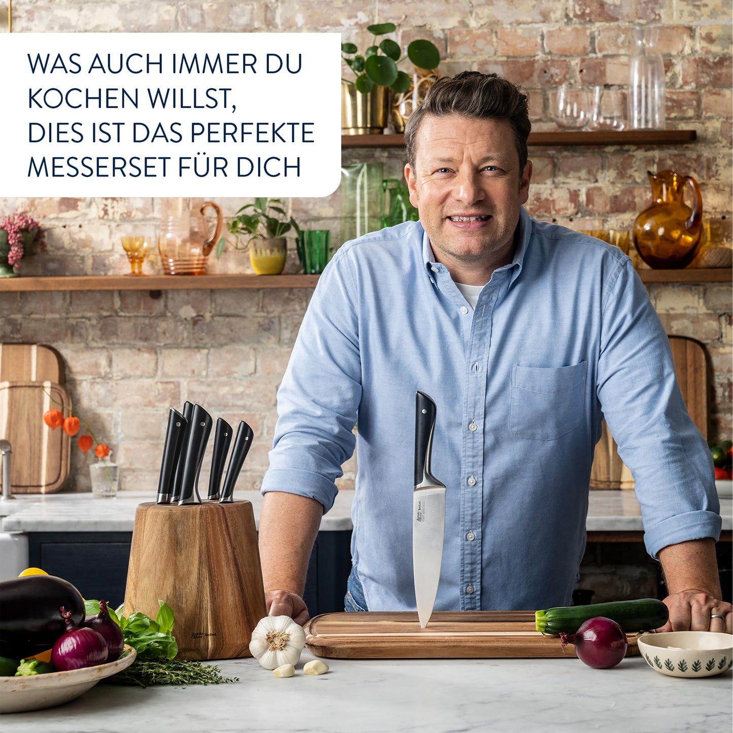 Jamie Oliver by Tefal 5-piece kitchen knife set + block, chef/santoku/bread/utility/paring knives, ice-hardened, German stainless steel blades, acacia wood block, Brown, K267S556