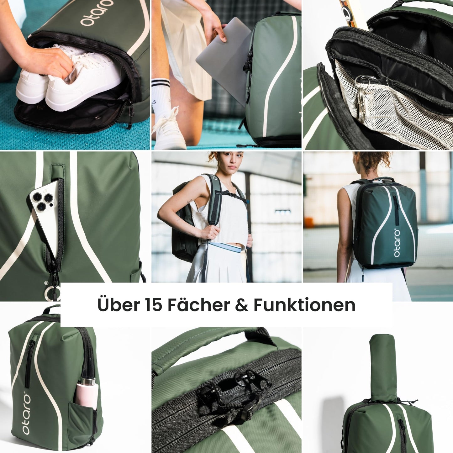 Otaro Tennis Backpack with Shoe Compartment Premium (Classic 32L; PRO 42L) Innovative layout & design | Tennis bag for hobby and professional tennis players, men and women (Classic 32L, Green)