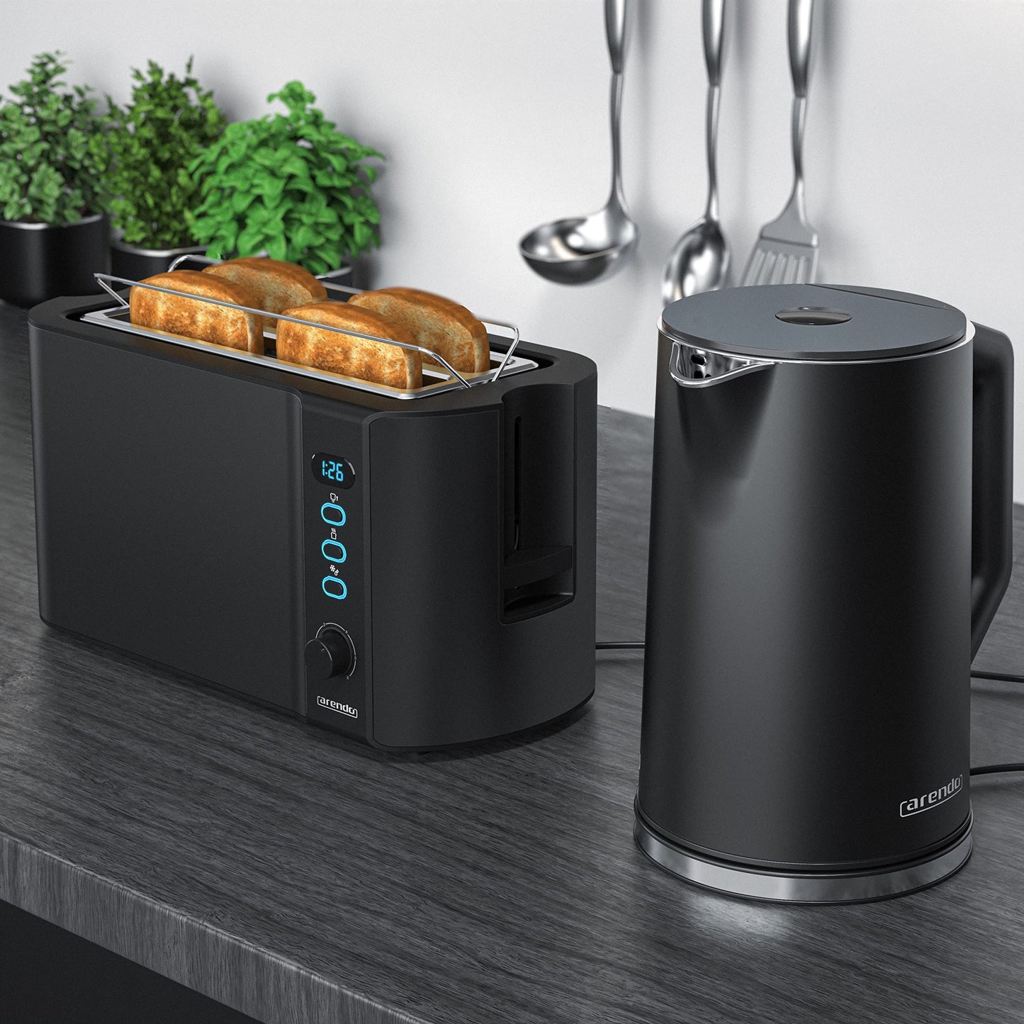 Arendo - Kettle with Toaster Set Stainless Steel Black, Kettle 1.5L 40°-100°C Keep Warm Function, Toaster 4 slices LED Display 6 Browning Levels Bun Attachment