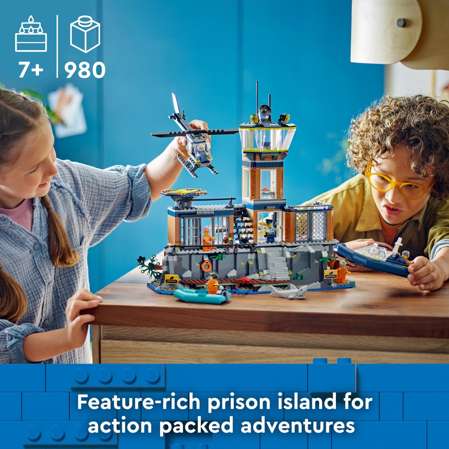 LEGO City Police Station on the Prison Island, police toy with helicopter & City Police Station with police car, garbage truck and helicopter.