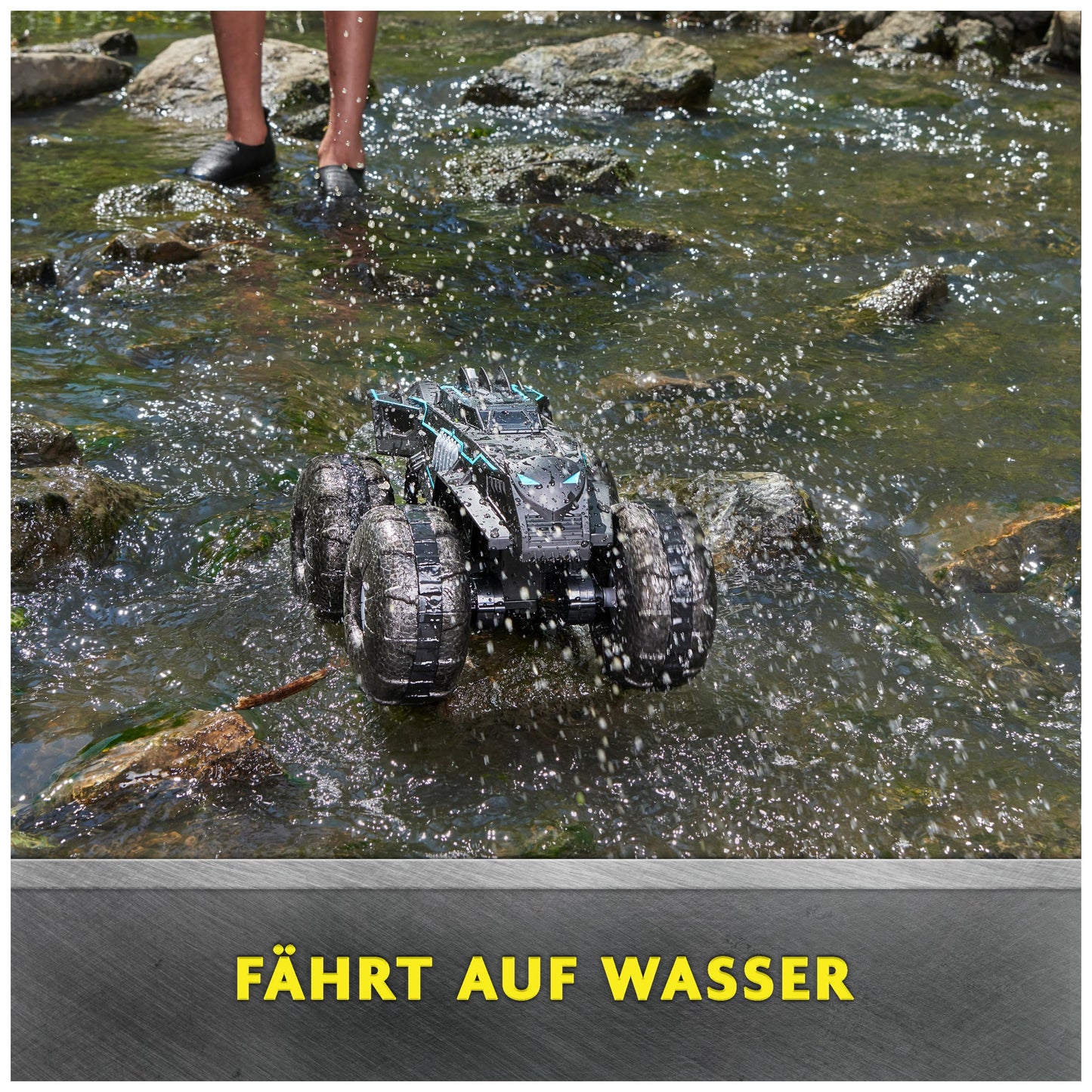 DC Batman All-Terrain Batmobile, remote-controlled amphibious vehicle for land and water with room for 1x 10cm Batman action figure.