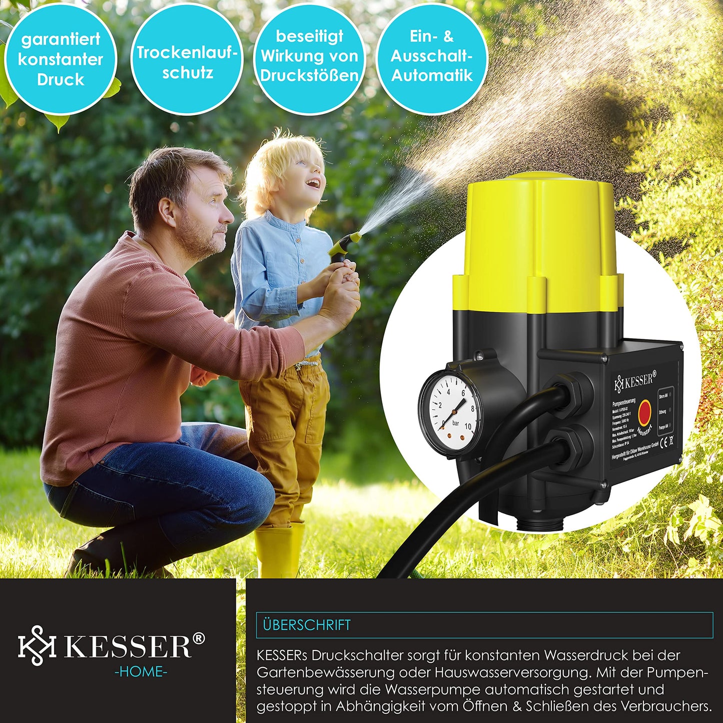 KESSER® Pump control with pressure display | with cable | 10 bar pressure switch Electronic pump control | Pressure switch | monitors water pressure - automatic on and off Garden & Home