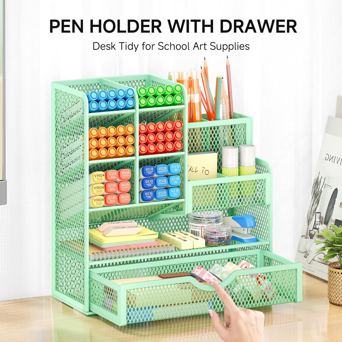 VITVITI Desk Organizer, 10 Compartments Pen Holder with Drawer, Metal Mesh Pen Stand, Desk Pen Holder for School Home Office (Green)