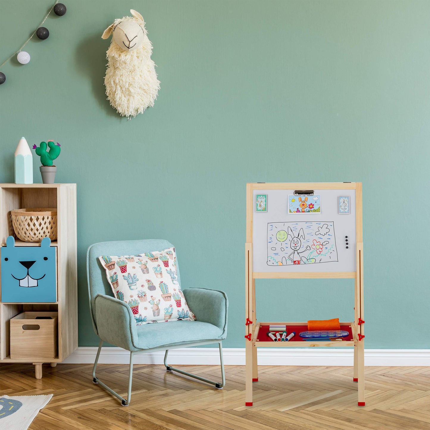Relaxdays kids' easel, whiteboard and chalkboard, adjustable height, wooden stand, 102-135 x 55 x 52 cm, natural, light brown, white, dark green.