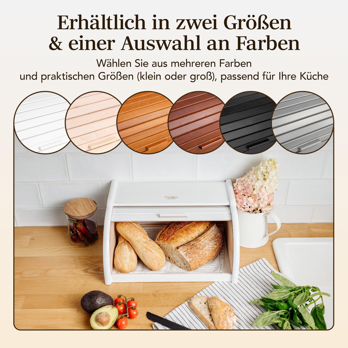 Creative Home White Bread Box Wood | 38 x 28.5 x 17.5cm (+/-1cm) | Perfect BreadBox for Bread Rolls Cakes | Bread Bin with Roll Lid | Natural Bread Storage| Bread Container for Any Kitchen