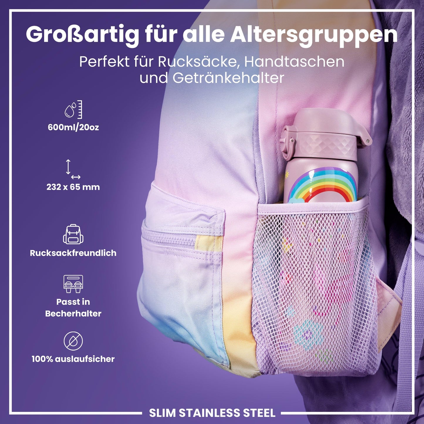 ion8  Lightweight Steel Water Bottle 600ml Non-Insulated Leakproof One-Hand Opening Secure Lock Dishwasher Safe Flip Lid Carrying Handle Easy to Clean, Lilac Unicorn