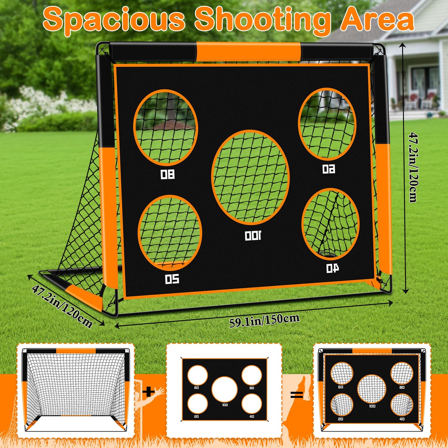 Gofady 2-in-1 Soccer Goal for Kids - Portable & Durable Soccer Goal with 5 Target Areas, Foldable Design, Carrying Bag, Garden, Park, Beach (Orange, 150 * 120 * 120cm)