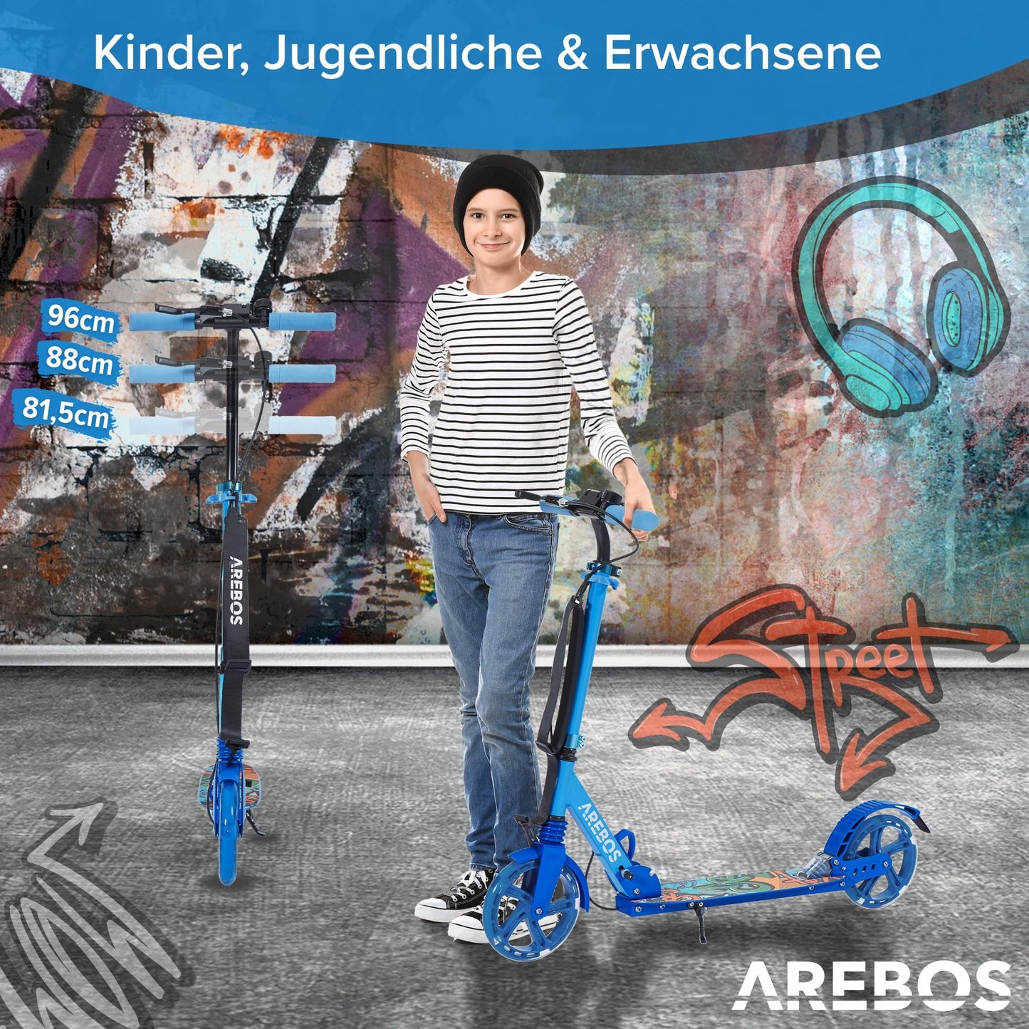 Arebos City scooter kick scooter blue adjustable in height | foldable | including carrying strap | LED wheels | hand-push brake | front-rear suspension | for kids & adults | supports up to 100kg | kick scooter