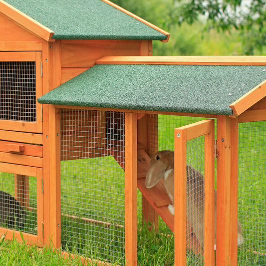 Wooden two-story rabbit hutch with ramp, 147x52x85 cm, water-repellent bitumen roof & wire mesh, winter-proof for outdoor use with 3 entrances & removable drawer.