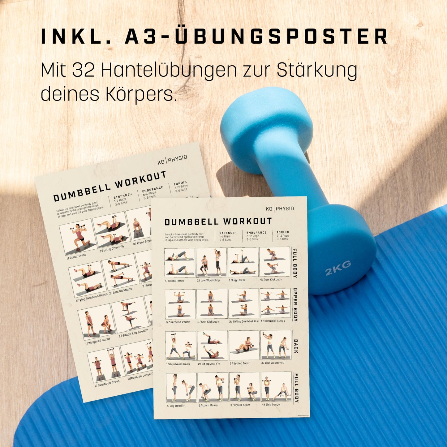 KG PHYSIO neoprene dumbbell set - Includes fitness poster with 32 exercises, sweat-resistant 2-piece set of cast iron dumbbells, non-slip & grippy fitness weights for women and men.