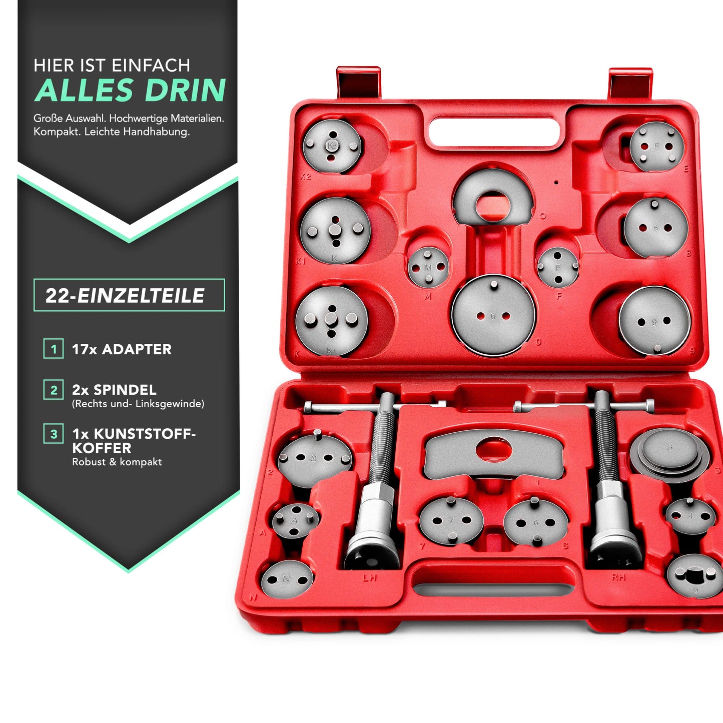 TRESKO 22-piece brake caliper piston retraction kit - tool for retracting brake pistons, automotive tool, universal