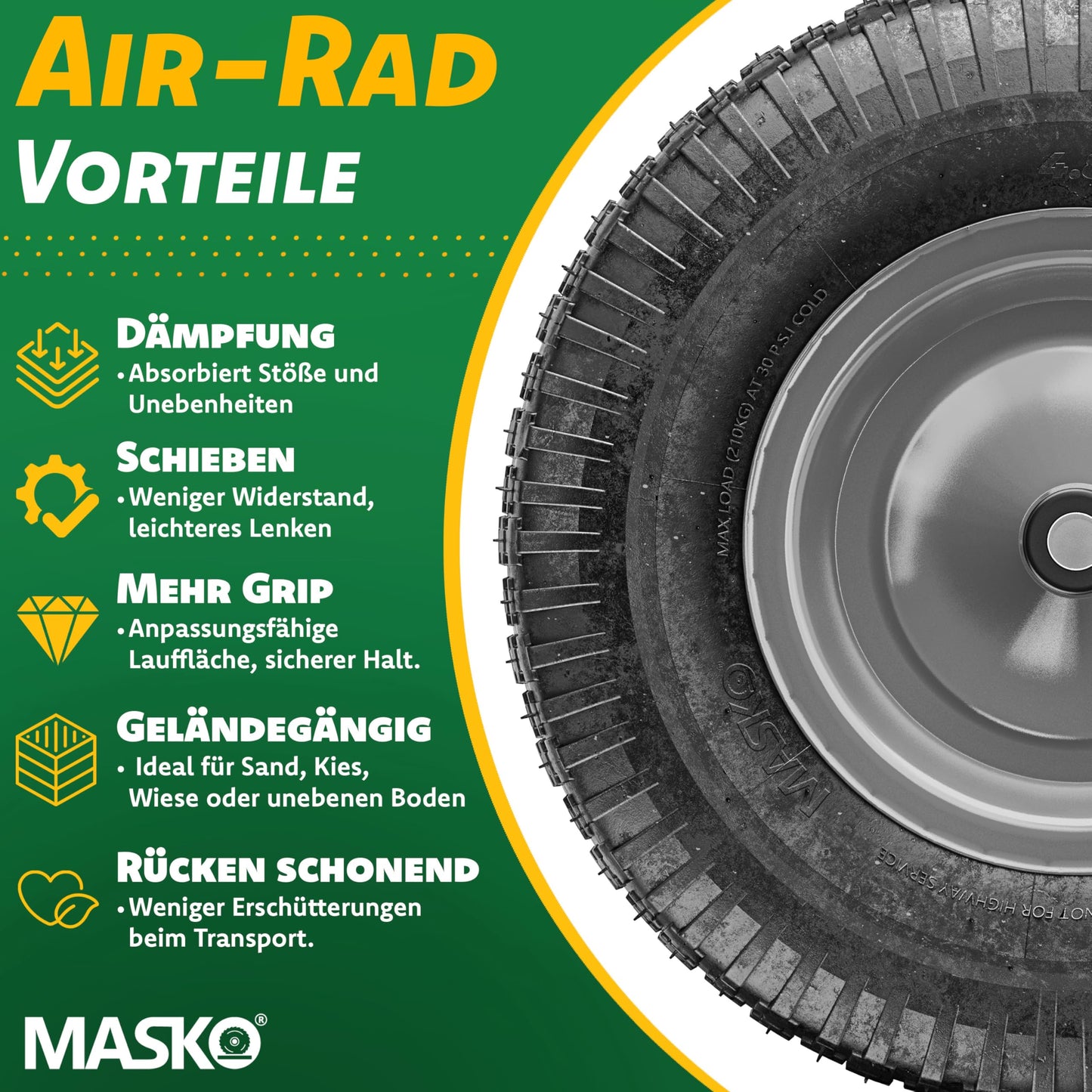 MASKO® wheelbarrow wheel pneumatic tire 250kg replacement wheel air-filled wheelbarrow garden cart 40cm/15.6" extra-wide 9.5cm air wheel puncture-proof tire with steel rim & gloves carbon steel ball bearing