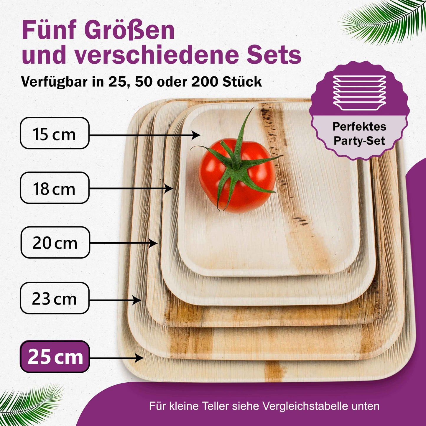 Waipur Organic Palm Leaf Plates - 25 large square pieces 25x25 cm - Premium disposable compostable tableware - Eco-friendly palm leaf dishes - similar to bamboo disposable plates.