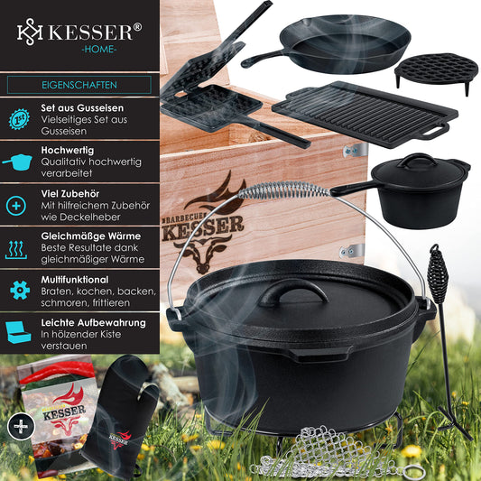 KESSER® Dutch Oven Set 12-piece in wooden box with lots of accessories. Includes waffle iron cast iron - already seasoned, with cooking pot, grill plate, pan, lid lifter. Also includes recipe book and gloves.