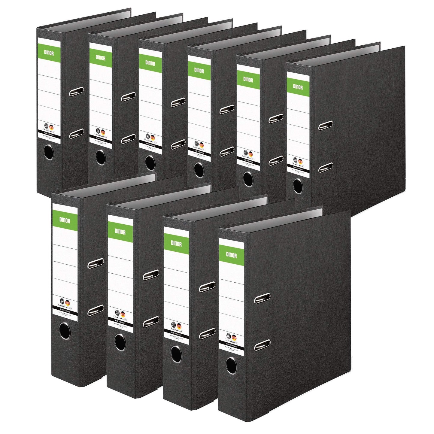 Original DINOR Folder - Cloud Marble - Recycling - Made in Germany. Pack of 10, 8 cm wide, DIN A4, black file folders. Perfect for office use with green and blue labels. eco-friendly choice with Blue Angel certification.