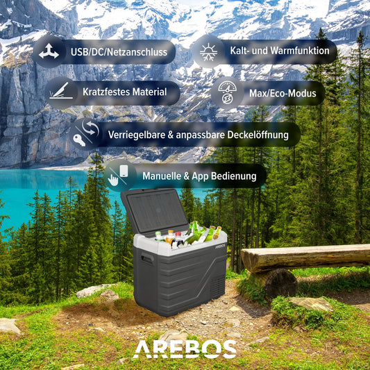 Arebos Compressor Cooler Box 43 Liters | Electric Freezer Box with APP & Smart Control | Mobile Cooling Chest with USB Connection | up to -20 °C | 12/24 V 230V | for Car, Truck, Camping, Boat, RV