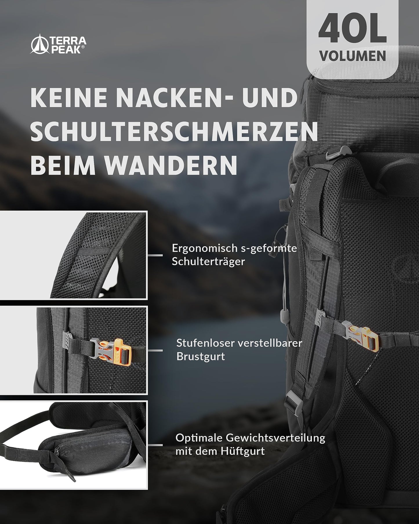 Terra Peak - Hiking Backpack Airant 40 Backpack for Women & Men black large Trekking backpack for hiking and camping with ventilated mesh back and hydration system preparation unisex Backpack lightweight