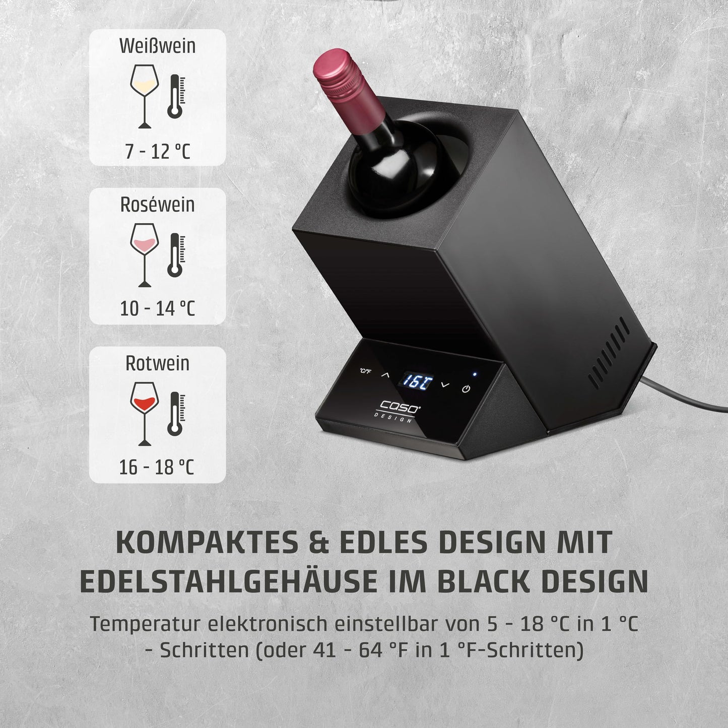 CASO WineCase One Black - Design wine cooler for one bottle, temperature range of 5-18°C, for bottles up to 9 cm Ø, sensor touch operation, black stainless steel casing.