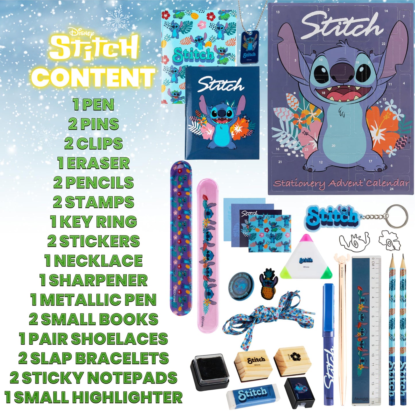 Disney Stitch Advent calendar 2025 for kids and teenagers. Christmas calendar with 24 surprises. Stationery or hair accessories for girls. Great gift idea! (Blue Stitch stationery)