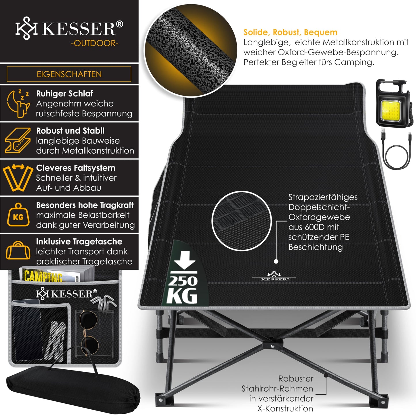 KESSER® Folding Camping Bed with Carry Bag + Side Pocket 210 x 74 x 35cm, supports up to 250kg. Made of sturdy metal frame and 600D Oxford fabric. Portable and comfortable for travel.