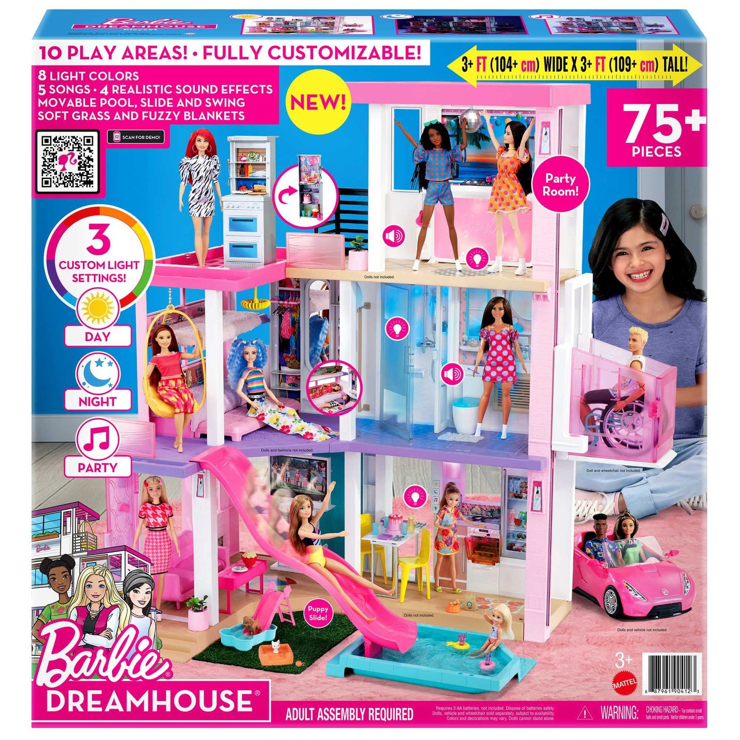 Barbie Dream House (114 cm), 3-story dollhouse with pool, slide, wheelchair lift, 75 accessories, dolls, suitable for children aged 3 and up, GRG93.