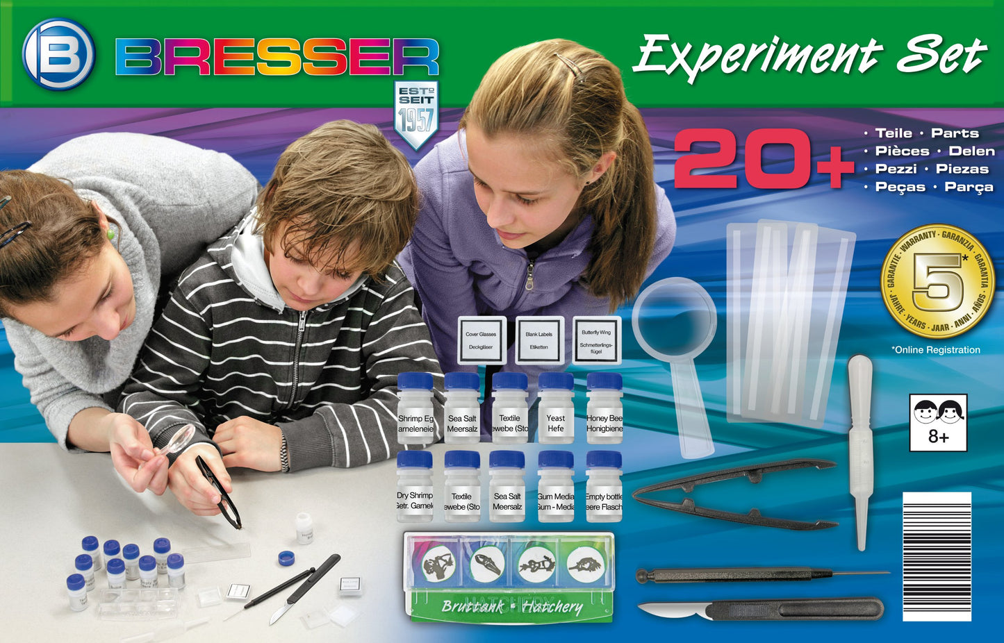 Bresser Junior Student Microscope BIOLUX SEL with smartphone holder in violet & Bresser Junior Experiment Kit for microscopy beginners with slides, magnifying glass, and microscope tools.