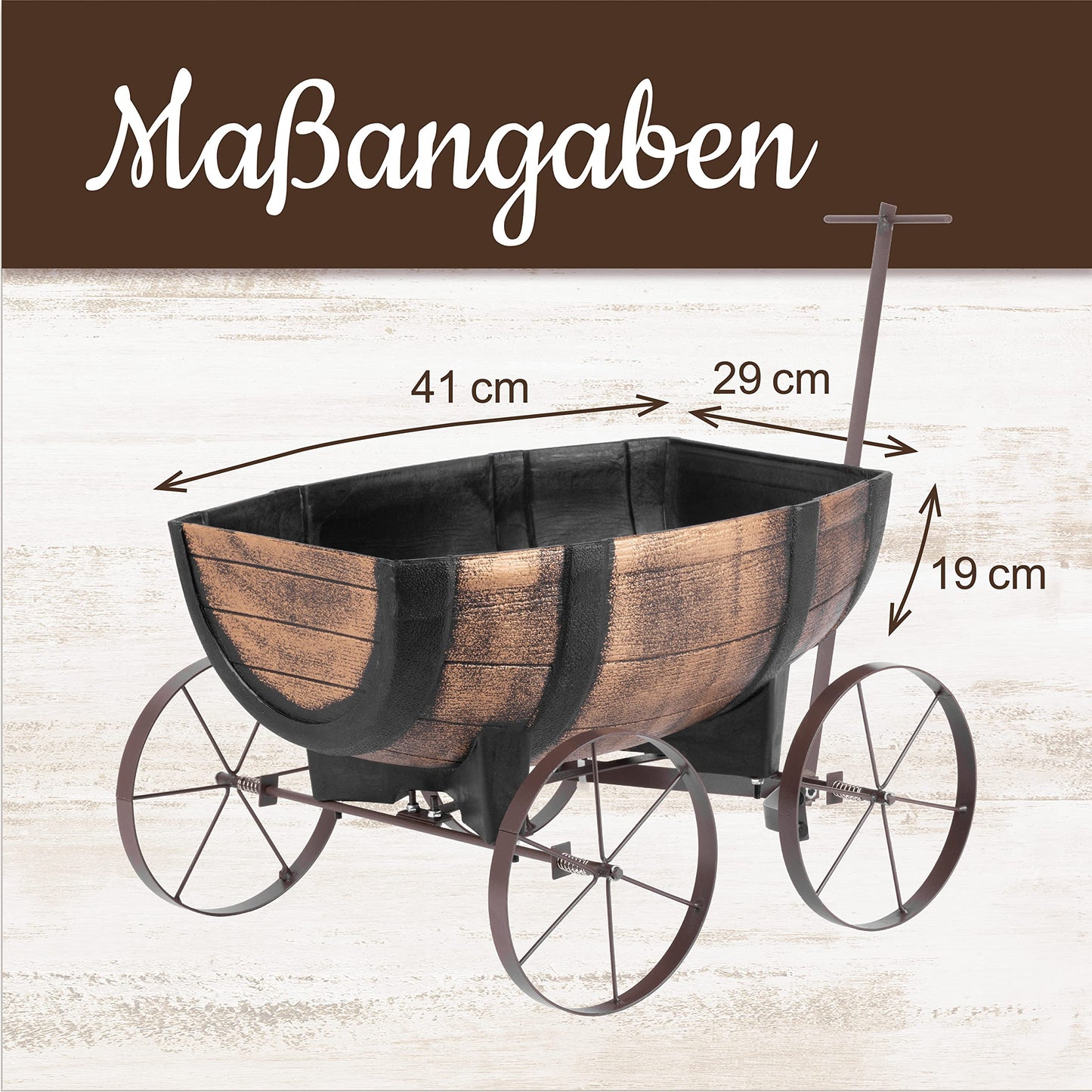 STREND PRO Floral Cart Whiskey Barrel - Plant cart on wheels, garden decoration flower pot barrel - realistic wooden look flower pot - flower pot plant wheelbarrow - wooden handcart, wooden wagon